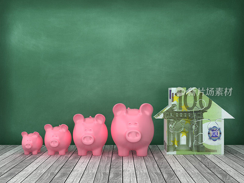 小猪银行图表与欧元纸币拼图房子在黑板背景- 3D渲染